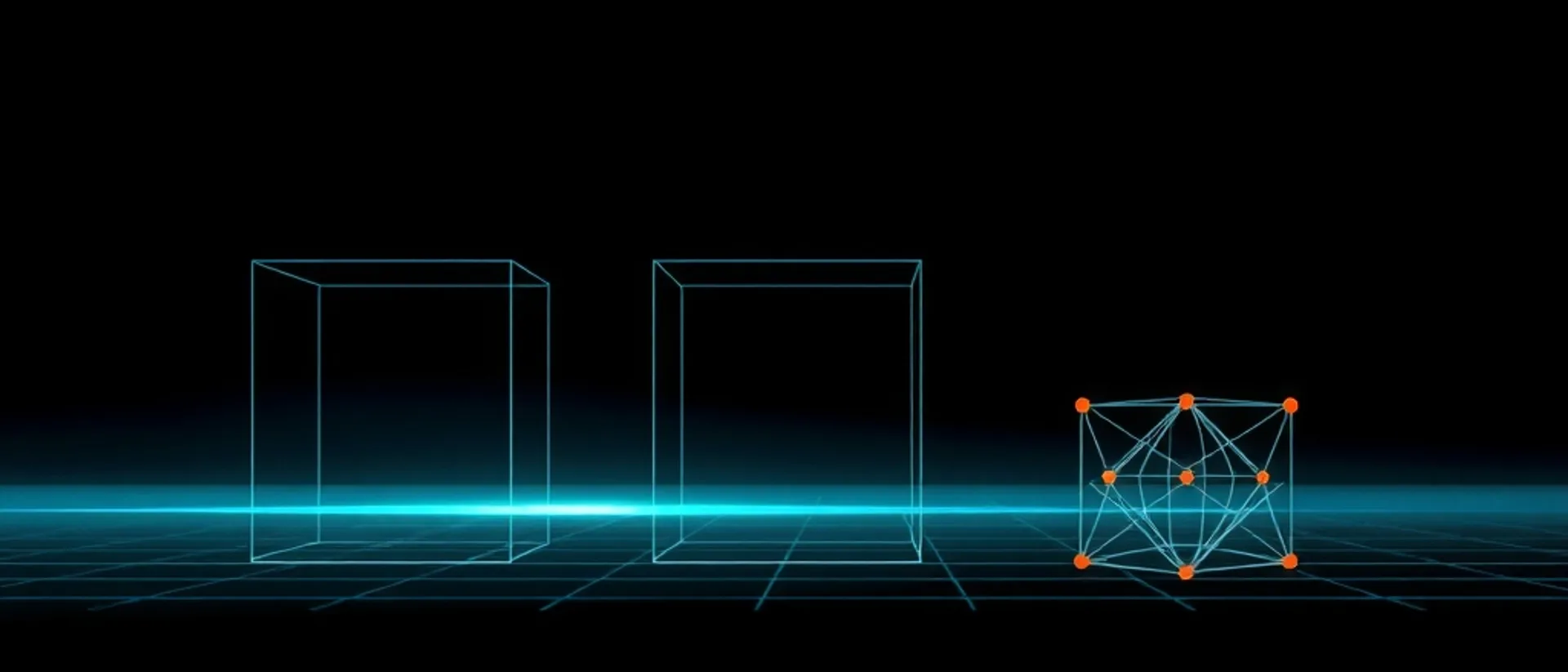 Three wireframe cubes in a row on a dark grid floor with a glowing teal horizon line passing through them; the first two are empty outlines and the third holds a lattice of coral points