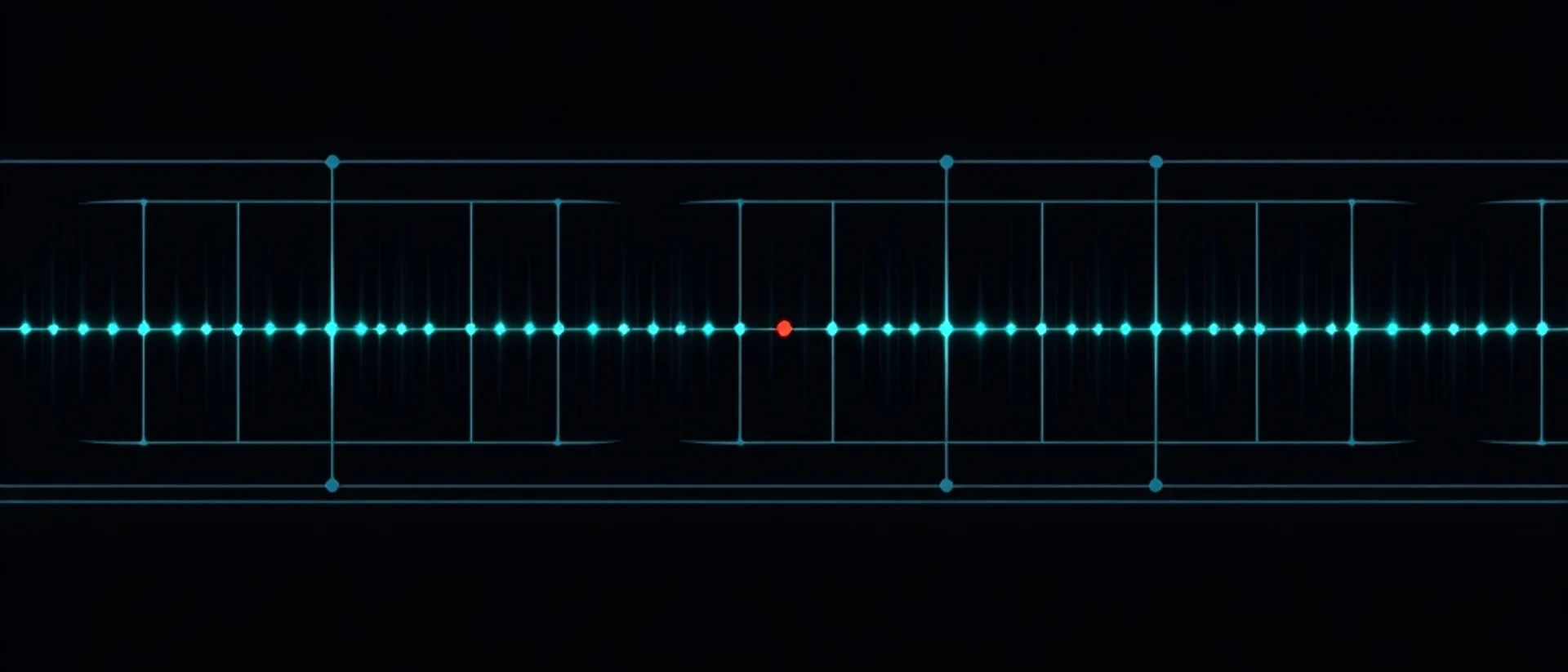 A long horizontal row of glowing teal points crossed by thin vertical lines, with a single red-coral point standing out in the middle, on a near-black navy background