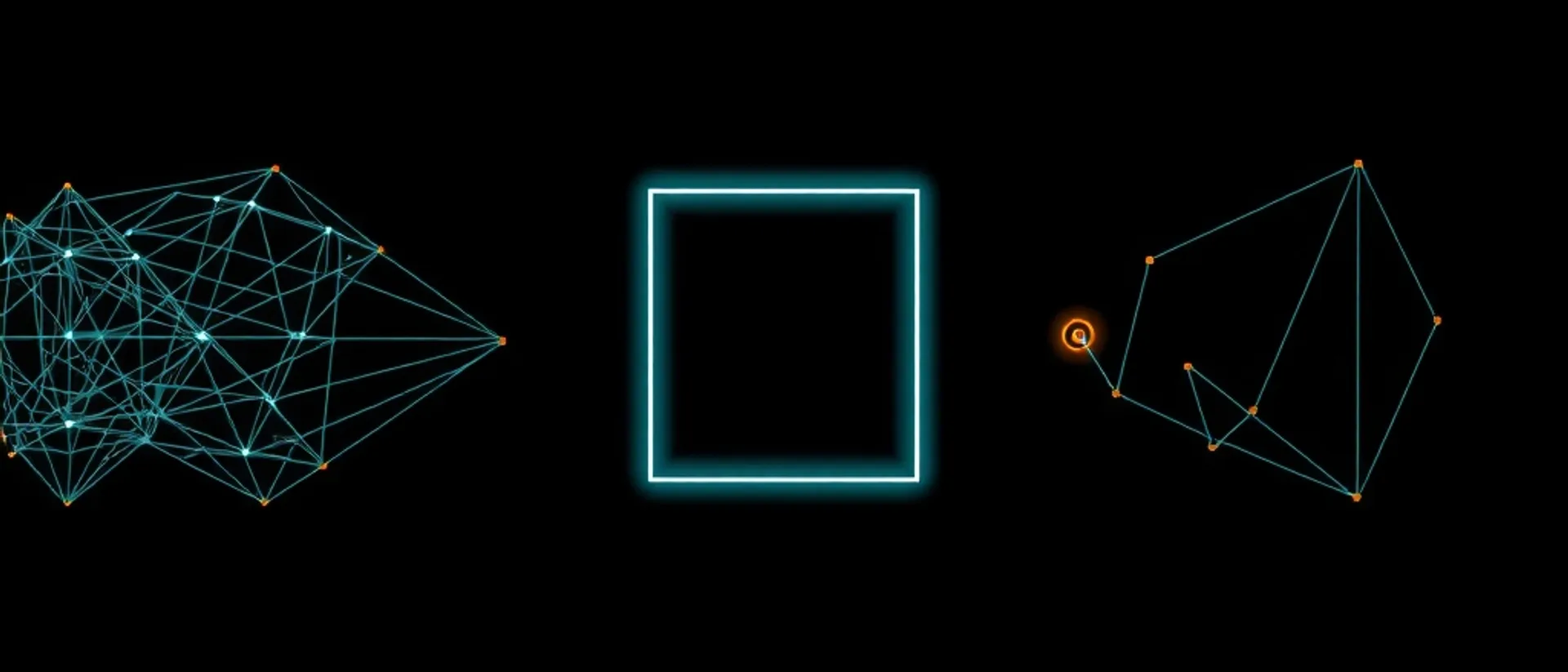 A dense teal lattice of fine lines on the left, a glowing square frame in the centre, and a sparse jointed line figure on the right ending in a small coral ring, on a black background